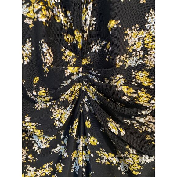 AFRM Tezza Black & Yellow Floral Ruched Mesh Midi Long Sleeves Dress Womens XS - Picture 6 of 11
